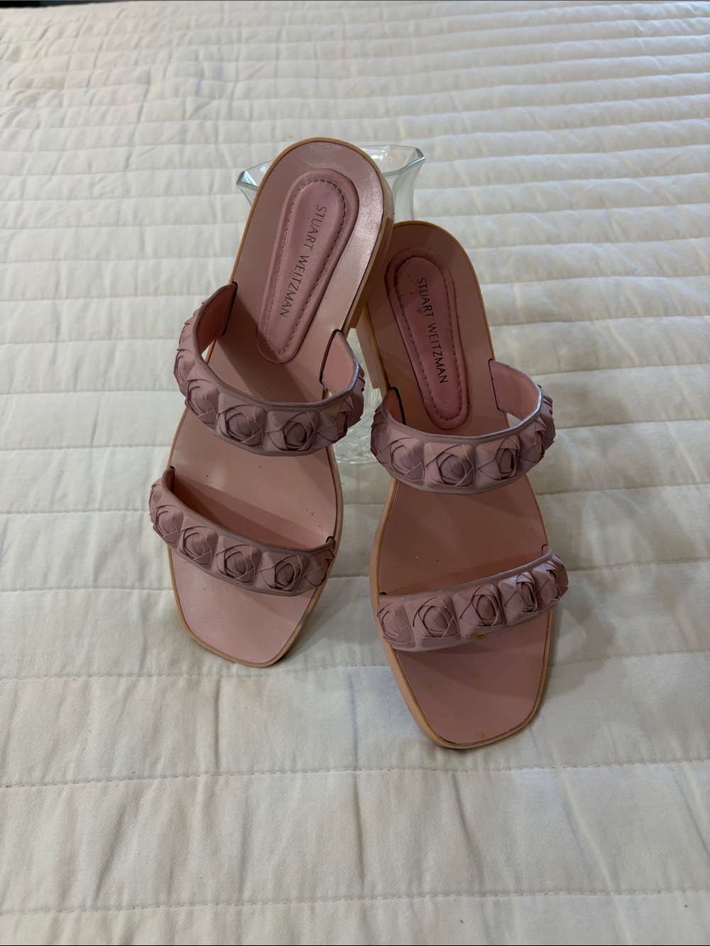 Stuart Weitzman Blush Pink Floral-Appliqué Slide Mules